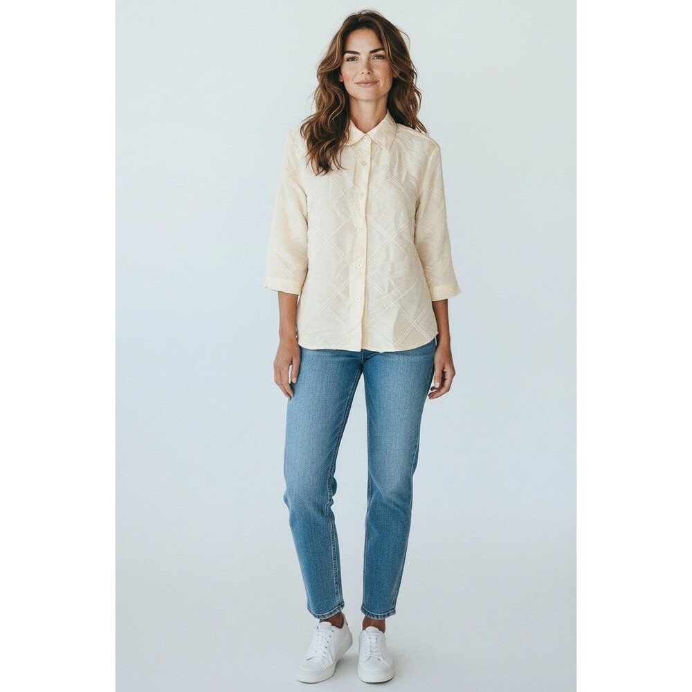 NWT Silk Club Collection Shirt 100% Silk 3/4 Sleeve Button-up off white M